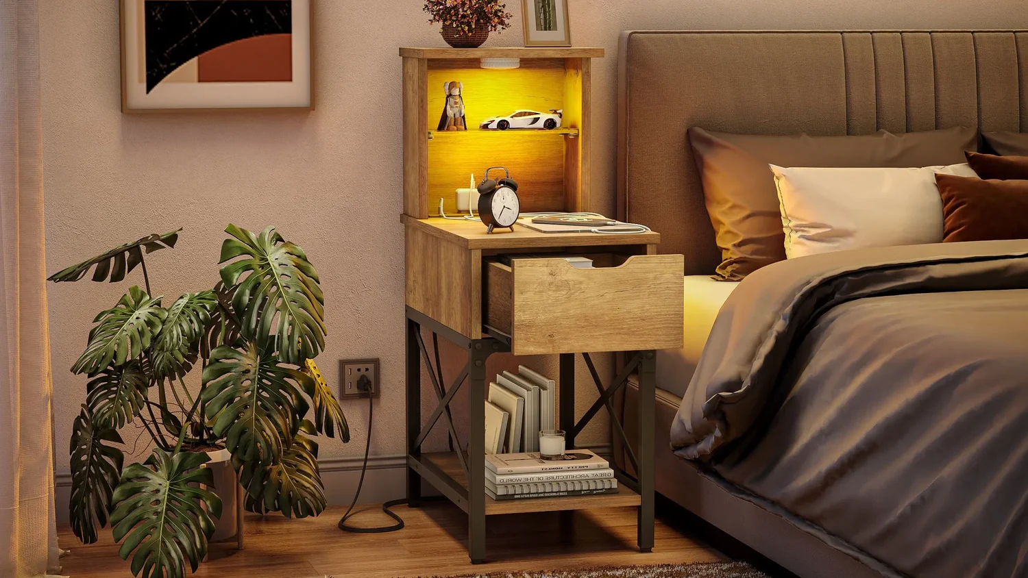 Morning routine essentials arranged on bedside table with natural light